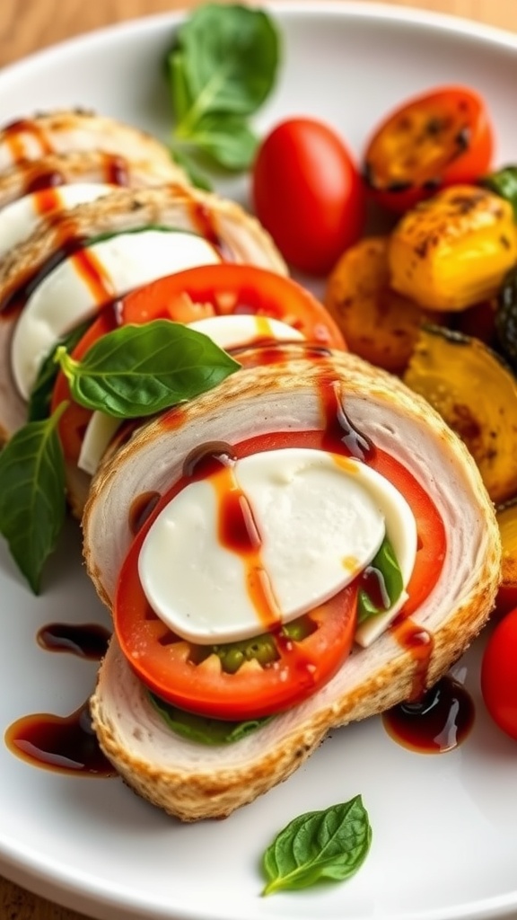 Sliced Caprese stuffed chicken breast showcasing mozzarella, basil, and tomatoes, drizzled with balsamic glaze, served with roasted vegetables.